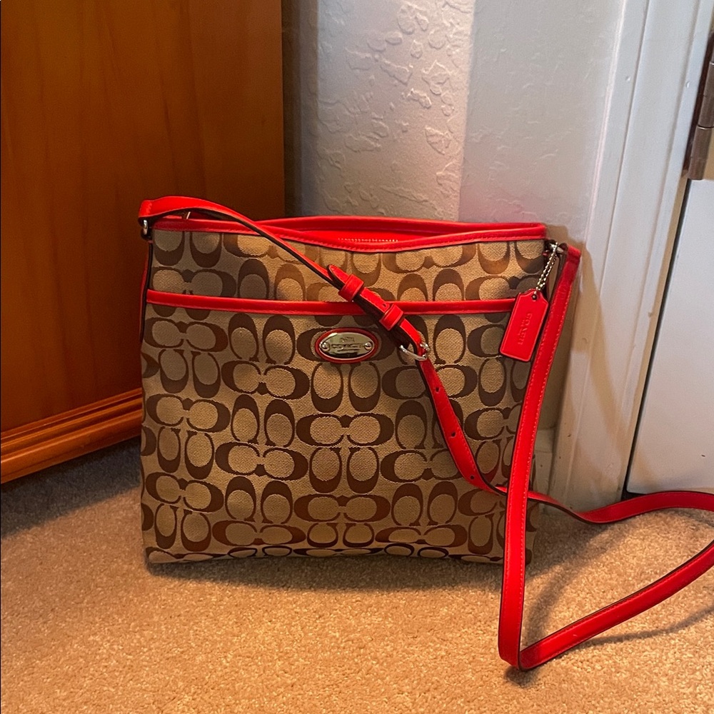 Coach Brown and Red Signature Crossbody Bag